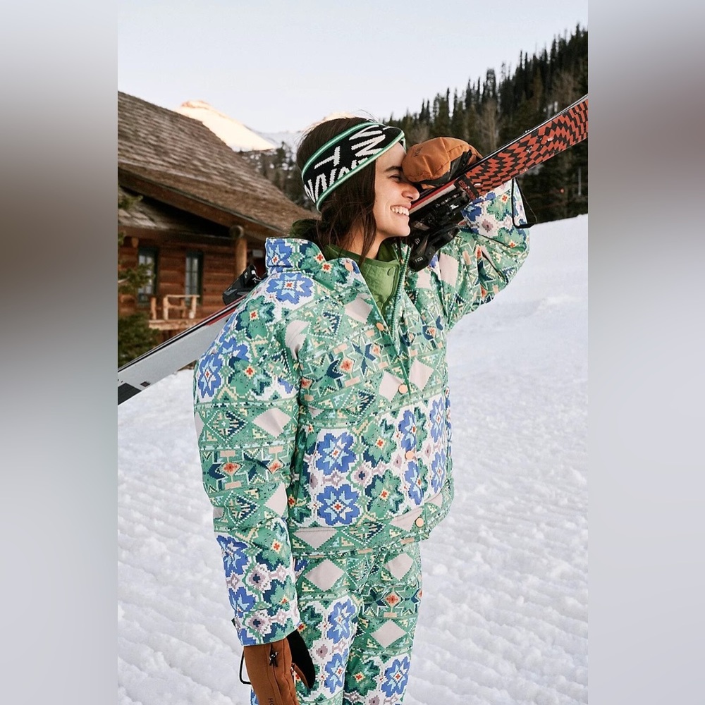 Free People Bunny Slope Printed Puffer Jacket Ski Coat Green FP Movement